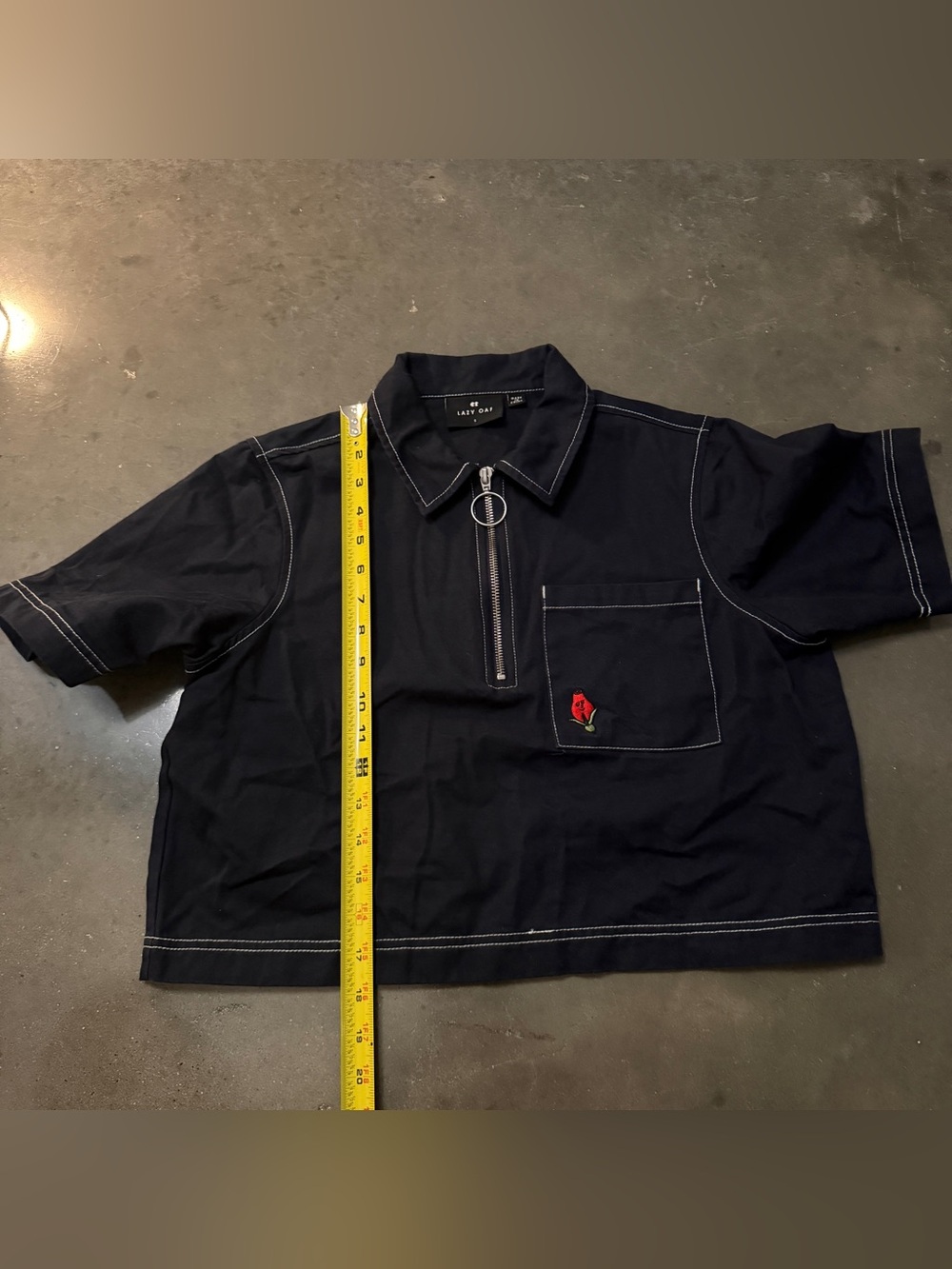 Lazy Oaf Black Cropped Zip Polo Collar Red Rose Patch Grow Your Own S Embroidery - Picture 5 of 8